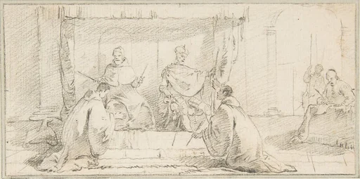 Illustration for a Book: Two Monks Kneeling before a Doge and an Emperor (Doge Ziani and Emperor Barbarossa?)