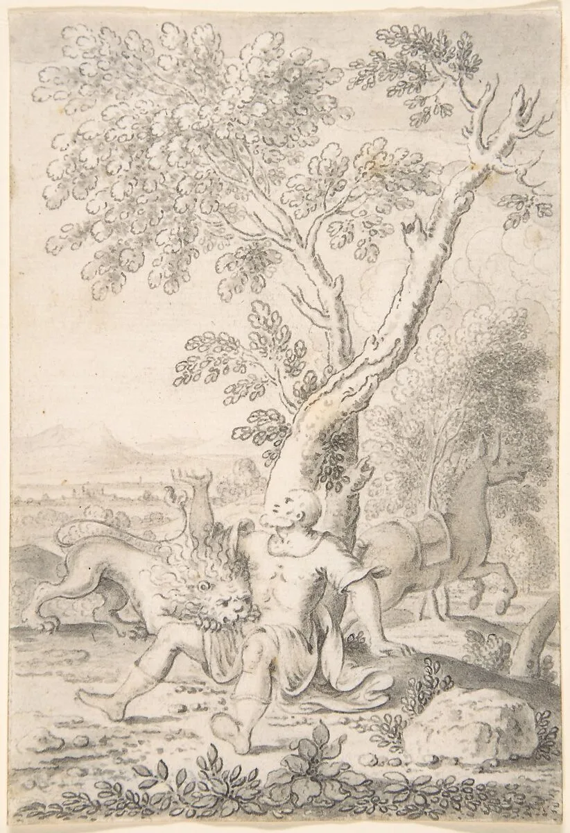 A Man under a Tree Bitten by a Lion while his Horse Escapes — Mathais Füssli the Elder