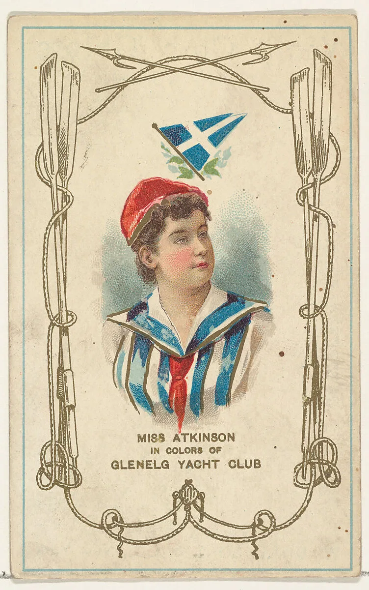 Miss Atkinson in Colors of Glenelg Yacht Club, from the Yacht Colors of the World series (N140) issued by Duke Sons & Co. to promote Honest Long Cut Tobacco — W. Duke, Sons & Co.