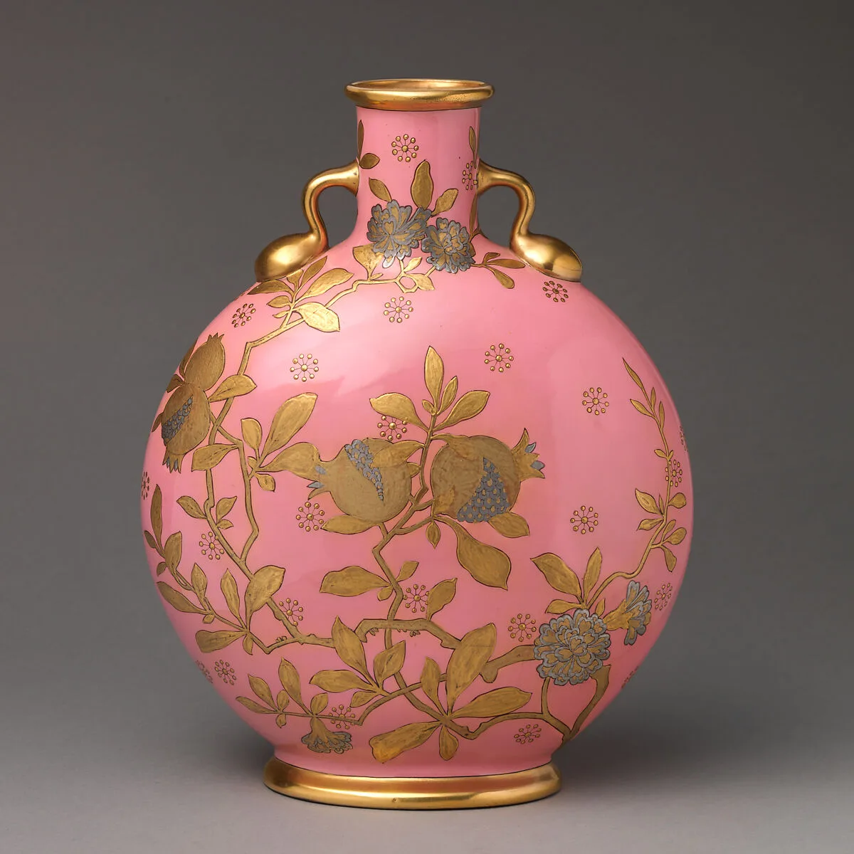 Moon flask with gilt floral decoration on pink ground — Minton(s)