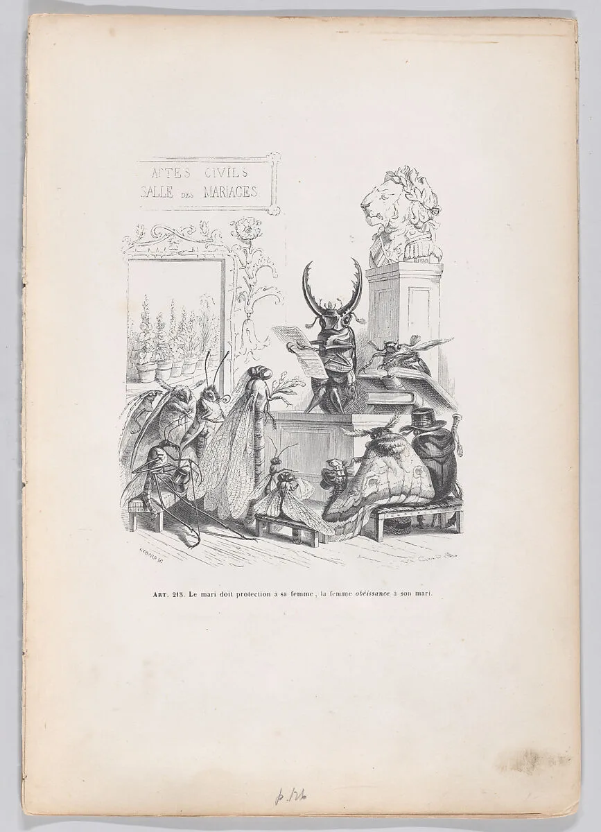 "Article 231. The husband needs to protect his wife, the wife needs to obey her husband" from Scenes from the Private and Public Life of Animals — J. J. Grandville|Honoré de Balzac|Pierre François Godard