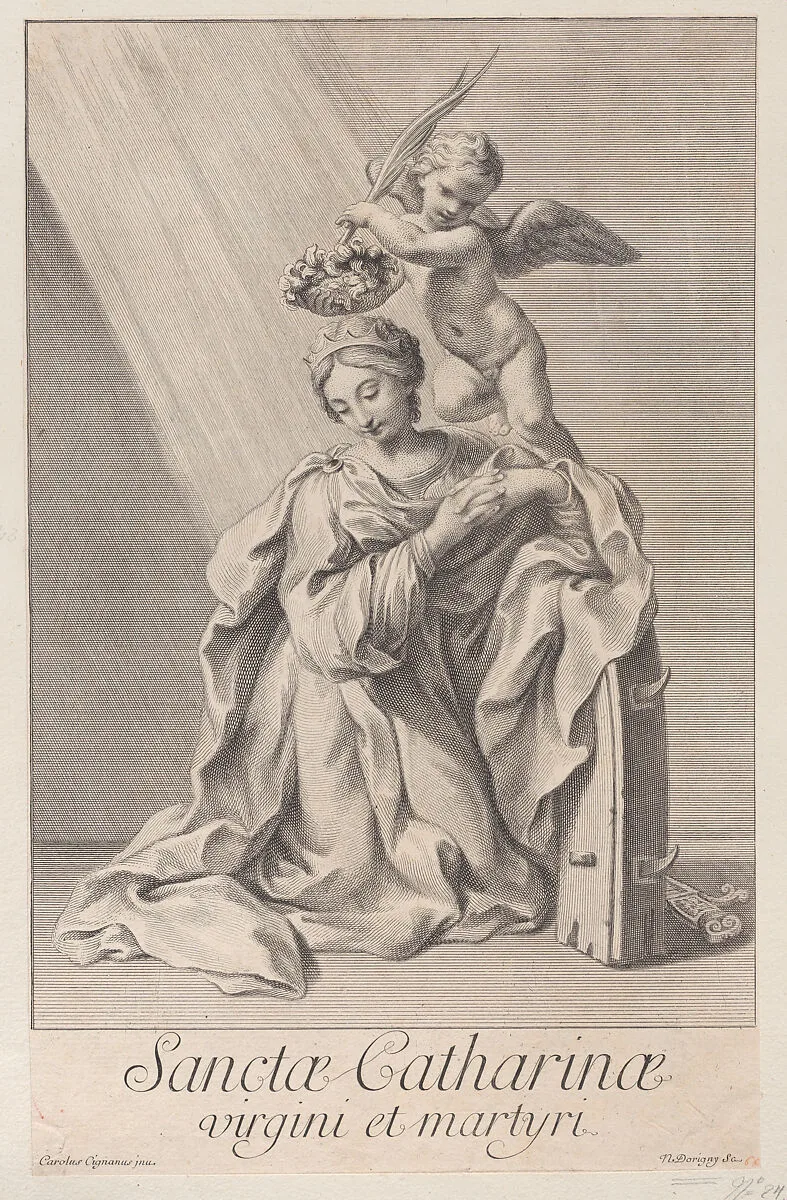 Saint Catherine of Alexandria, kneeling with her elbow resting on the spiked wheel, and an angel crowning her with a flower wreath — Carlo Cignani|Sir Nicolas Dorigny