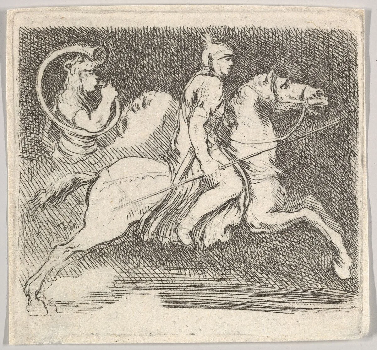 Plate 20: a soldier in profile galloping to the right holding a lance in his right hand, followed by another horseman behind, from 'Various figures and doodles' (Diverses figures et griffonnemens) — Stefano della Bella