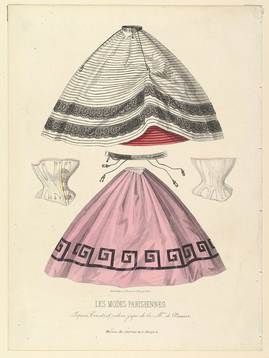 Jupons, corsets et relève jupe de la Maison de Plument, from Les Modes Parisiennes Illustrées — Anonymous, French, 19th century|Imprimerie Moine