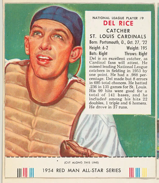 Del Rice, from the Major League All Stars series (T234), issued by Red Man Chewing Tobacco — Red Man Chewing Tobacco