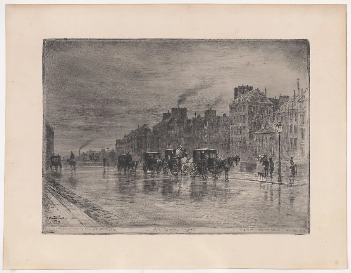 Winter Morning on the Quai de l'Hôtel-Dieu (Cabstand) — Félix-Hilaire Buhot