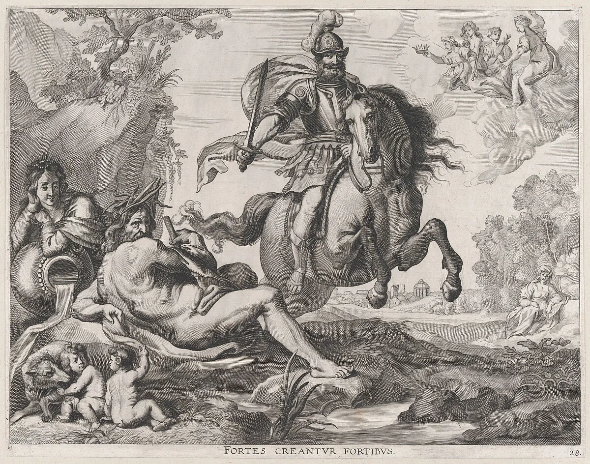 Plate 28: Mars on horseback at center, and Romulus and Remus with the wolf at lower left; from Guillielmus Becanus's 'Serenissimi Principis Ferdinandi, Hispaniarum Infantis...' — Johannes Meursius|Jacob Neeffs