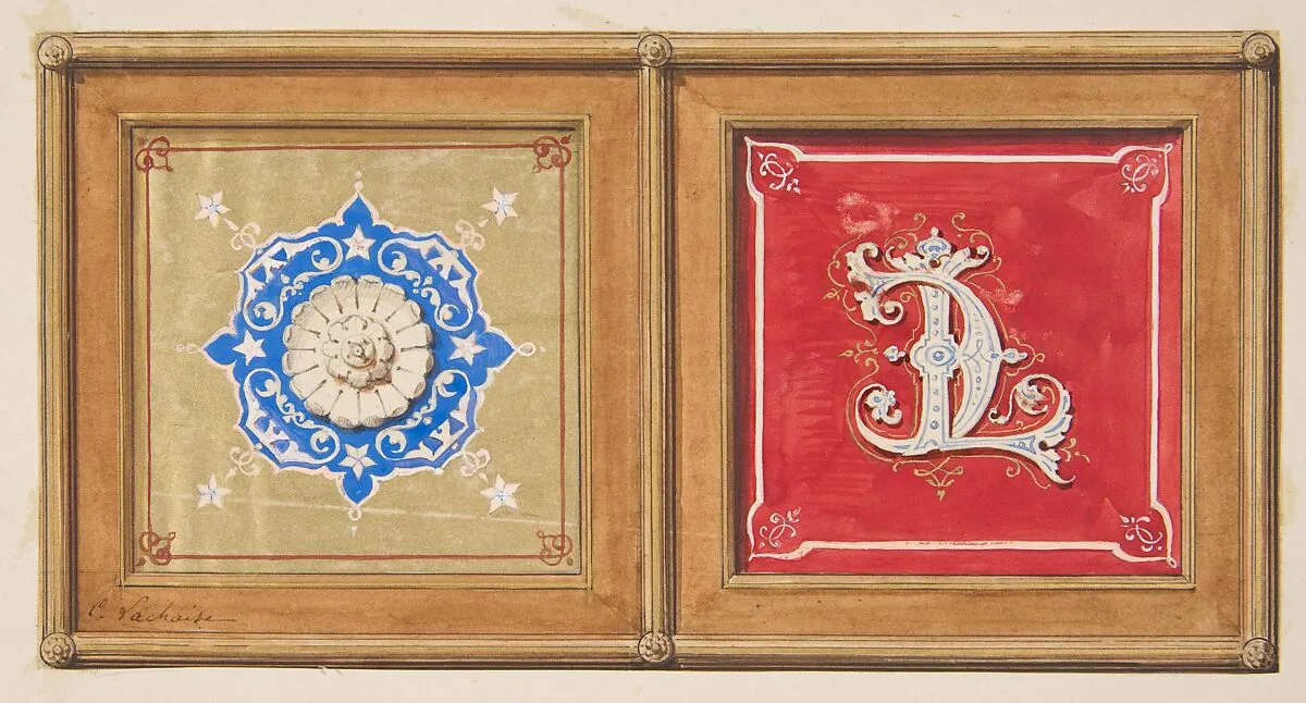 Two alternative designs for the painted decoration of a panel (one with the intertwined initials CL) — Jules-Edmond-Charles Lachaise|Eugène-Pierre Gourdet