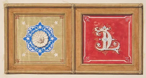 Two alternative designs for the painted decoration of a panel (one with the intertwined initials CL)