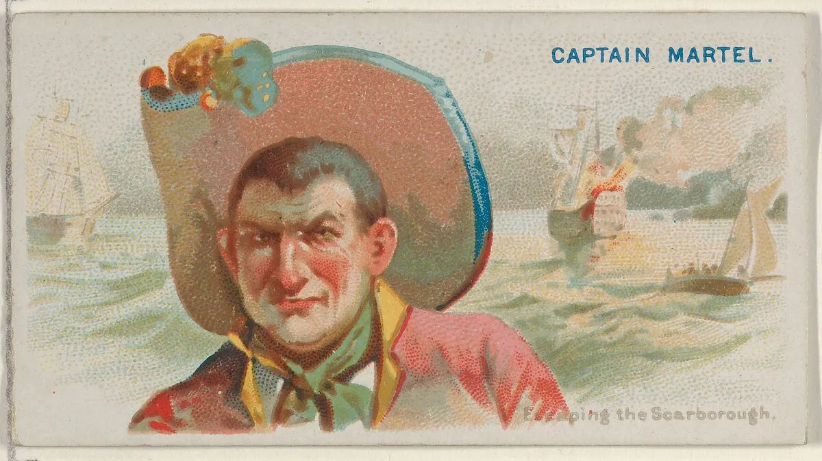 Captain Martel, Escaping the Scarborough, from the Pirates of the Spanish Main series (N19) for Allen & Ginter Cigarettes — George S. Harris & Sons|Allen & Ginter
