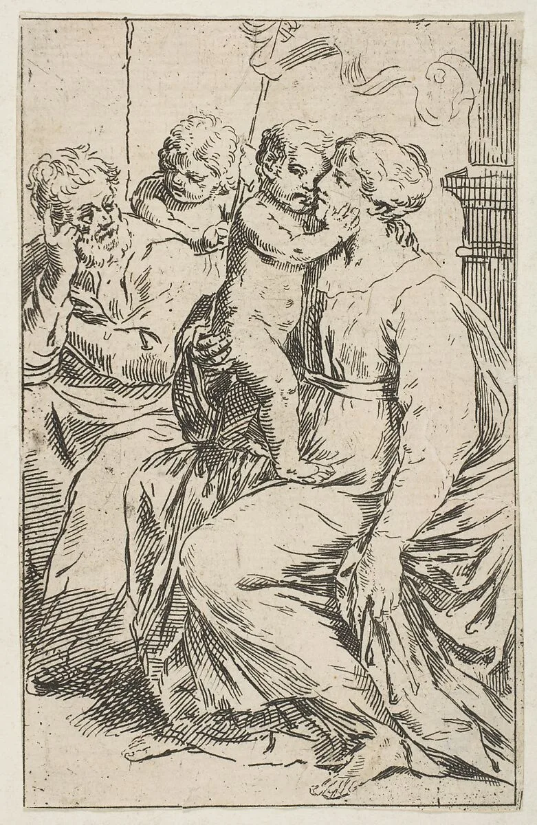 Holy Family with Saint John the Baptist, copy in reverse — Simone Cantarini