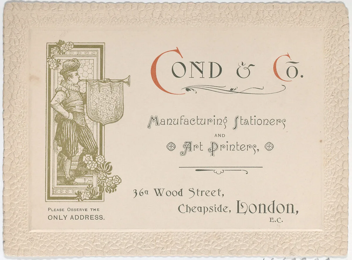 Trade Card for Cond & Co., Manufacturing Stationers and Art Printers — Anonymous, British, 19th century