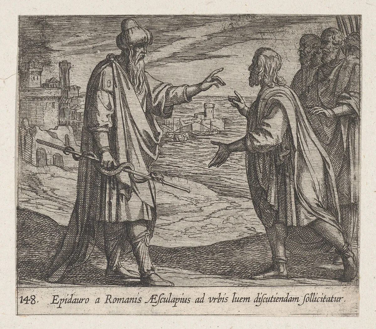 Plate 148: Aesculapius Speaking to the Romans (Epidauro a Romanis AEsculapius ad urbis luem discutiendam sollicitatur), from Ovid's 'Metamorphoses' — Antonio Tempesta