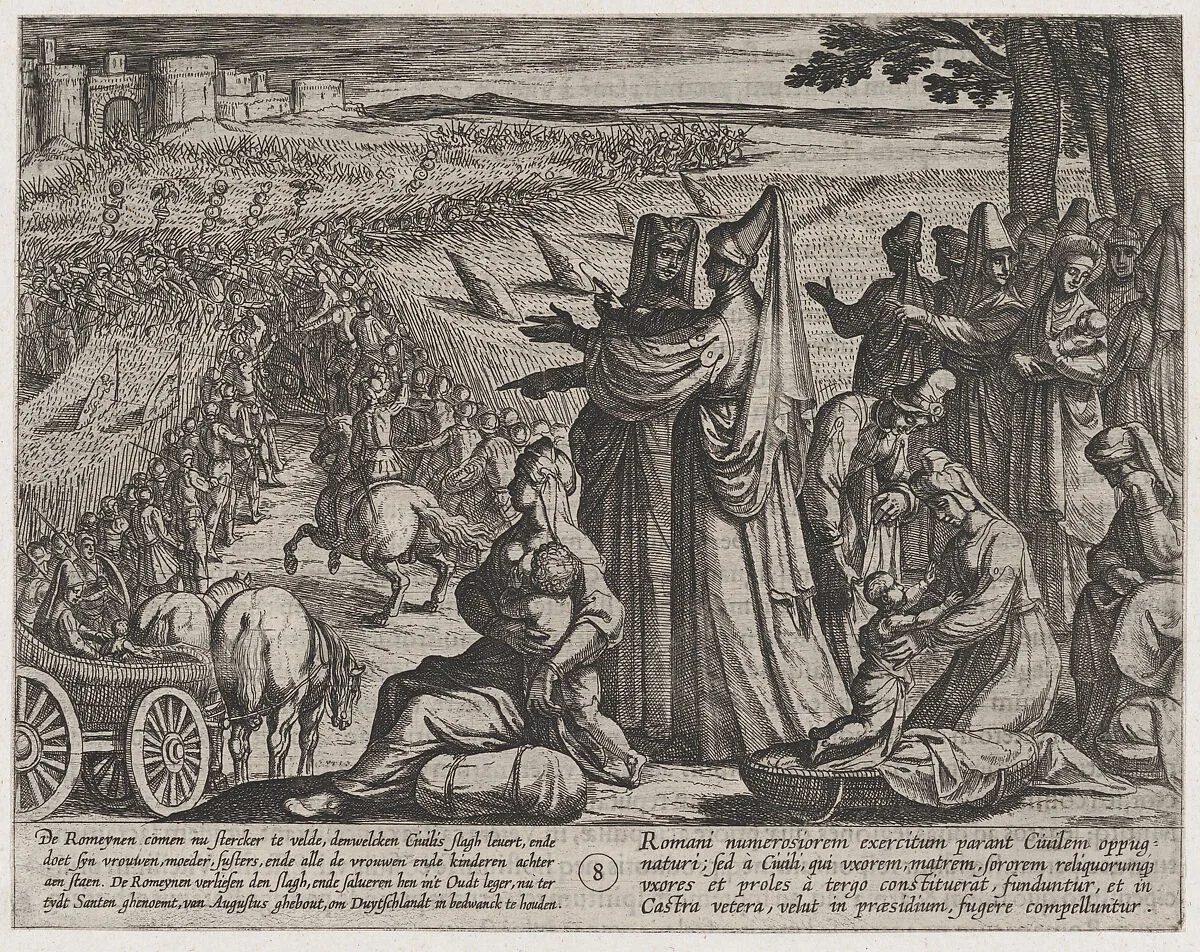 Plate 8: Women and Children Obvserve Civilis Battling the Romans, from The War of the Romans Against the Batavians (Romanorvm et Batavorvm societas) — Antonio Tempesta|Otto van Veen
