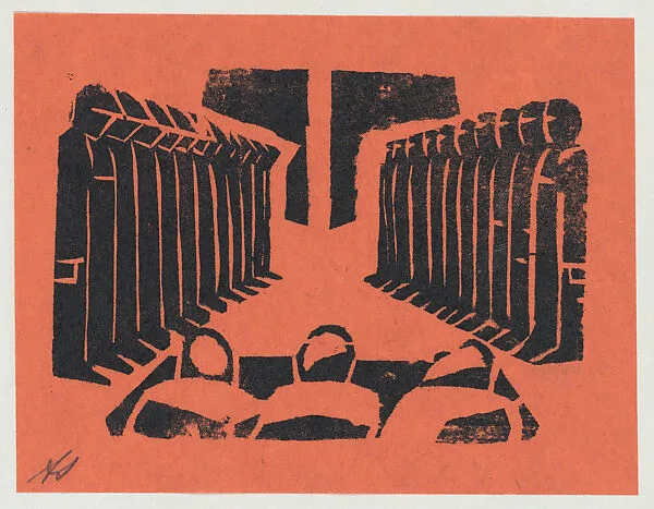 'The unjust', two lines of figures standing before three people seated at a table, from the folio '13 Grabados' — David Alfaro Siqueiros