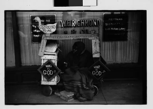 [Five 35mm Film Frames: Street Preacher and Wagon on Sidewalk, Memphis, Tennessee]