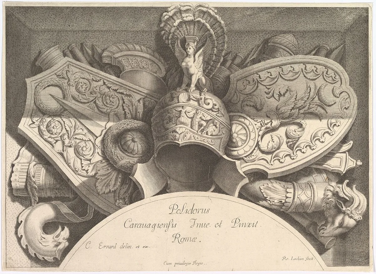Divers Trophées (Weapon Trophies after the Façade of Palazzo Milesi in Rome) — René Lochon|Charles Errard le fils|Polidoro da Caravaggio