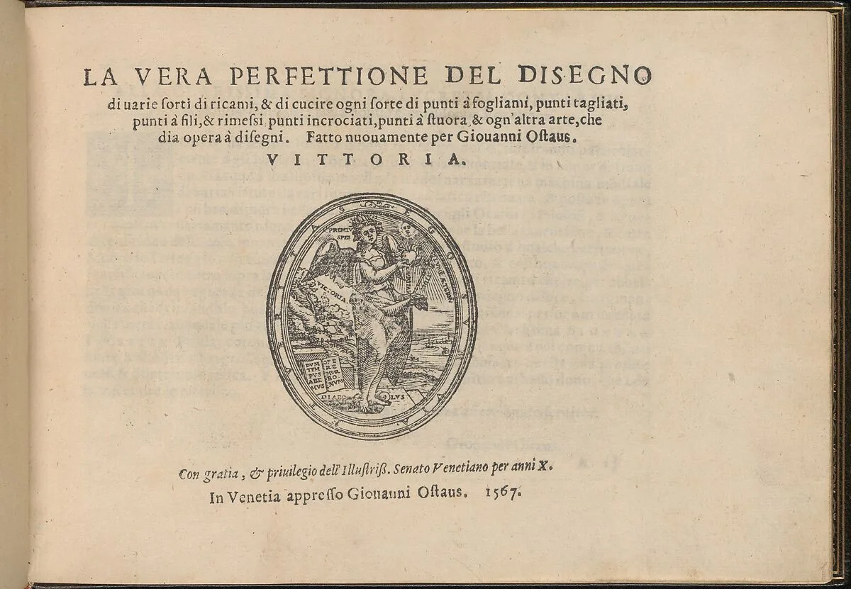 La Vera Perfettione del Disegno di varie sorti di recami, title page (recto) — Giovanni Ostaus|Giuseppe Salviati (Giuseppe Porta, called Il Salviati)