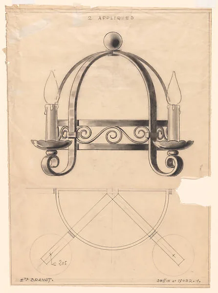 Elevation and Plan for a Semi-Circular Wall Sconce with Two (Electric?) Candles (No.17032.1) — Edgar Brandt