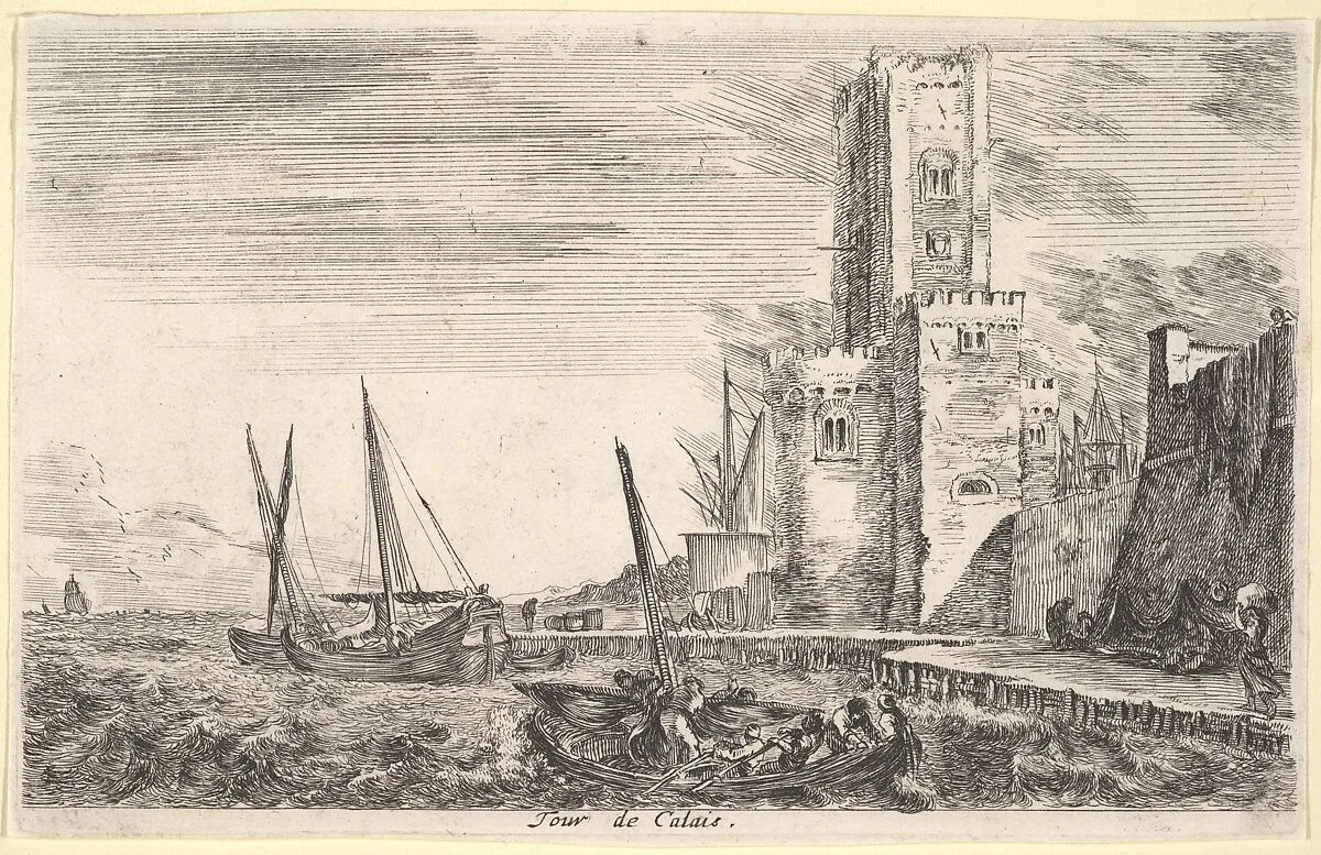Tower of Calais (Tour de Calais), tower to right, two ships in the sea to left and in center, from 'Views of seaports' (Vues de ports de mar) — Stefano della Bella