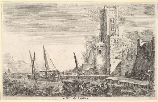 Tower of Calais (Tour de Calais), tower to right, two ships in the sea to left and in center, from 'Views of seaports' (Vues de ports de mar)