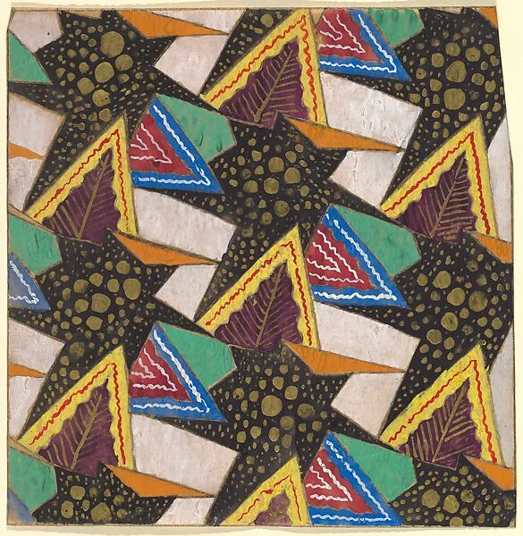 Repeating Pattern of Geometric Shapes with Decorative Leaves in Purple Framed by Yellow Triangles — Anonymous, French, 20th century
