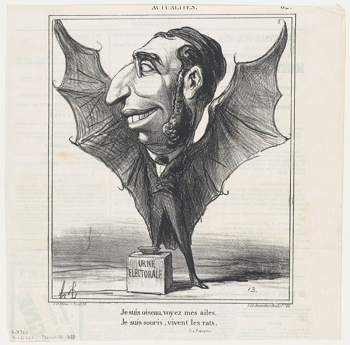 I am a bird, see my wings. I am a bat, long live the rats (La Fontaine), from 'News of the day,' published in Le Charivari, March 24, 1869 — Honoré Daumier|Aaron Martinet|Destouches