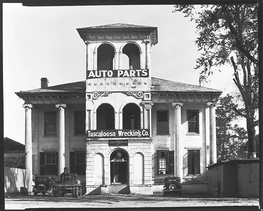 [Converted Italianate Revival House with Wrecking Company Signs on Tower, Near Tuscaloosa, Alabama]