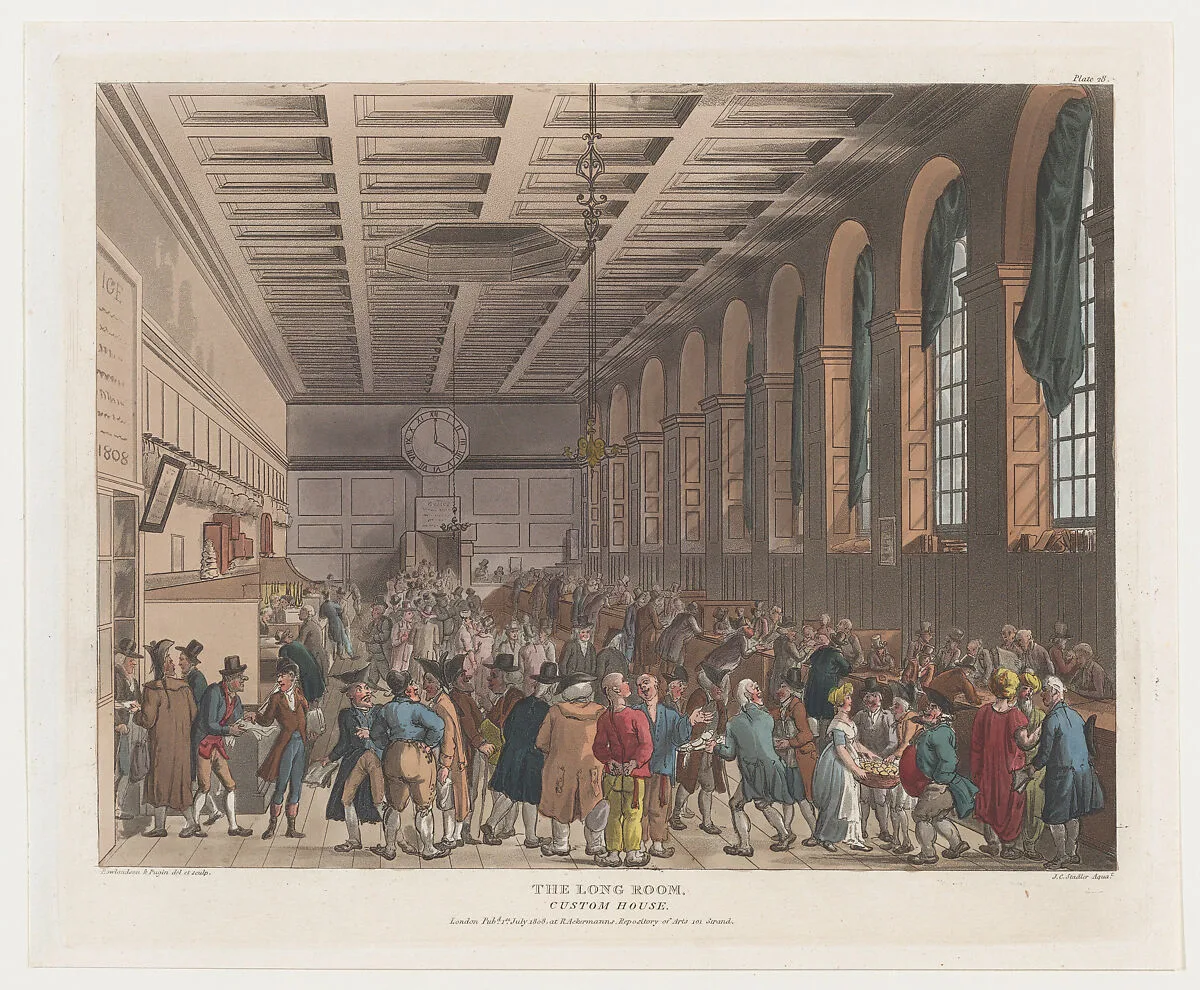 The Long Room, Custom House — Thomas Rowlandson|Auguste Charles Pugin|Rudolph Ackermann, London|Joseph Constantine Stadler