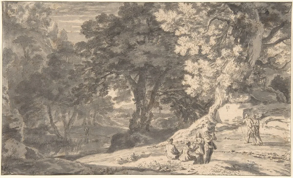 A Wooded Landscape with Travellers by the Roadside, a Stream beyond — Herman van Swanevelt