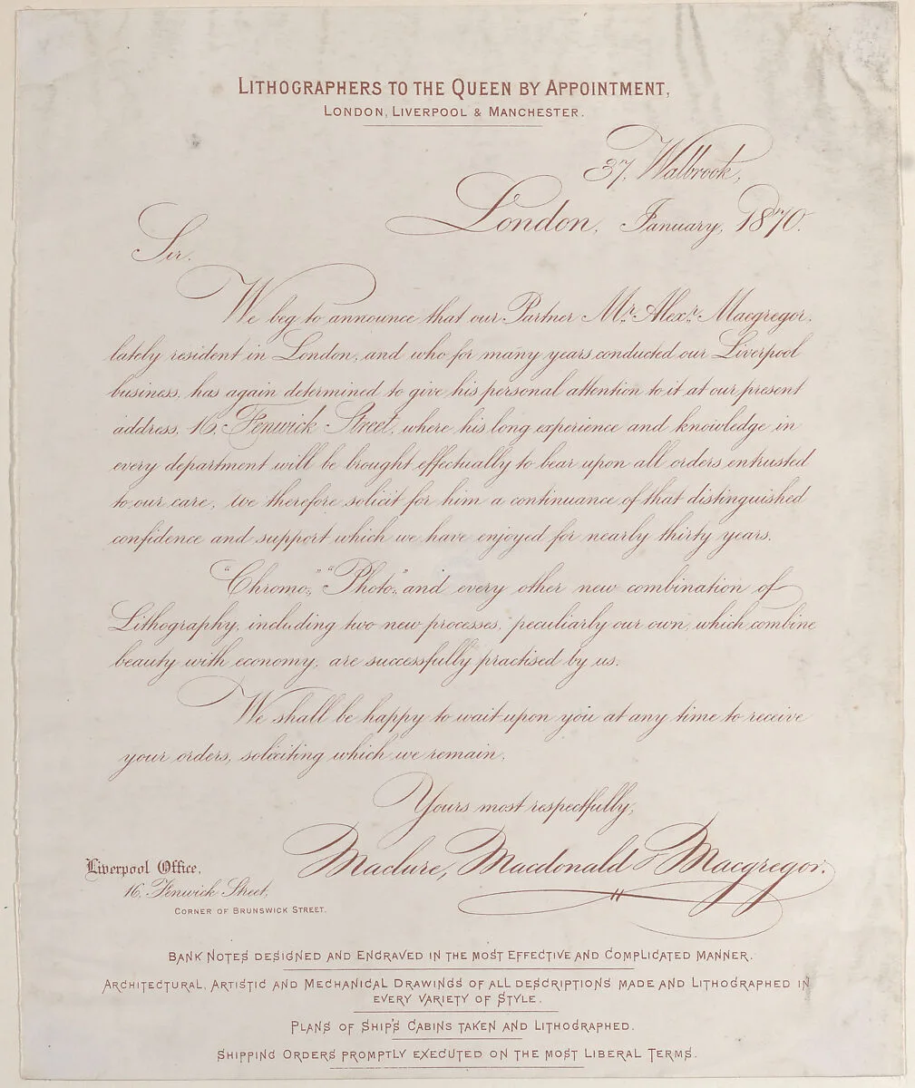 Trade card for Maclure, Macdonald & Macgregor, publisher and printer — Anonymous, British, 19th century