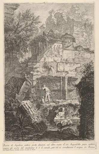 Plate 6: 'Ruins of an ancient tomb in front of ruins of an ancient aqueduct; above the arches of the latter is the channel which conveyed the water to Rome' (Ruine de sepolcro antico posto dinanzi ad altre ruine d'un Acquedotto pure antico; sopra gli archi del medesimo v'è il canale, per cui si conduceva l'acqua in Roma), from the series 'Part one of architecture and perspectives: drawn and etched by Gio. Batt'a Piranesi, Venetian Architect: dedicated to Nicola Giobbe' (Prima parte di Architetture, e prospettive inventate, ed incise da Gio. Batt'a Piranesi Architetto Veneziano dedicate al Sig. Nicola Giobbe)