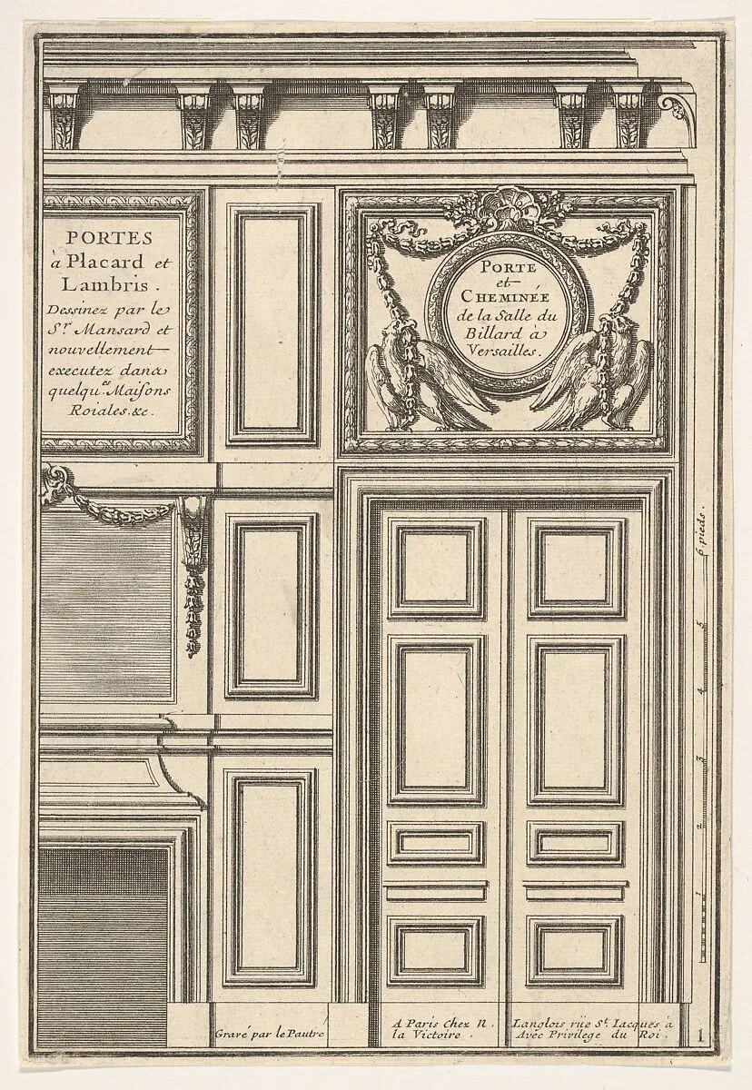 Door and Chimney of the Billiards room at Versailles, plate I from the Series 'Portes a Placard et Lambris', published as part of 'L'Architecture à la Mode' — Jean Le Pautre|Nicolas Langlois|Jules Hardouin Mansart