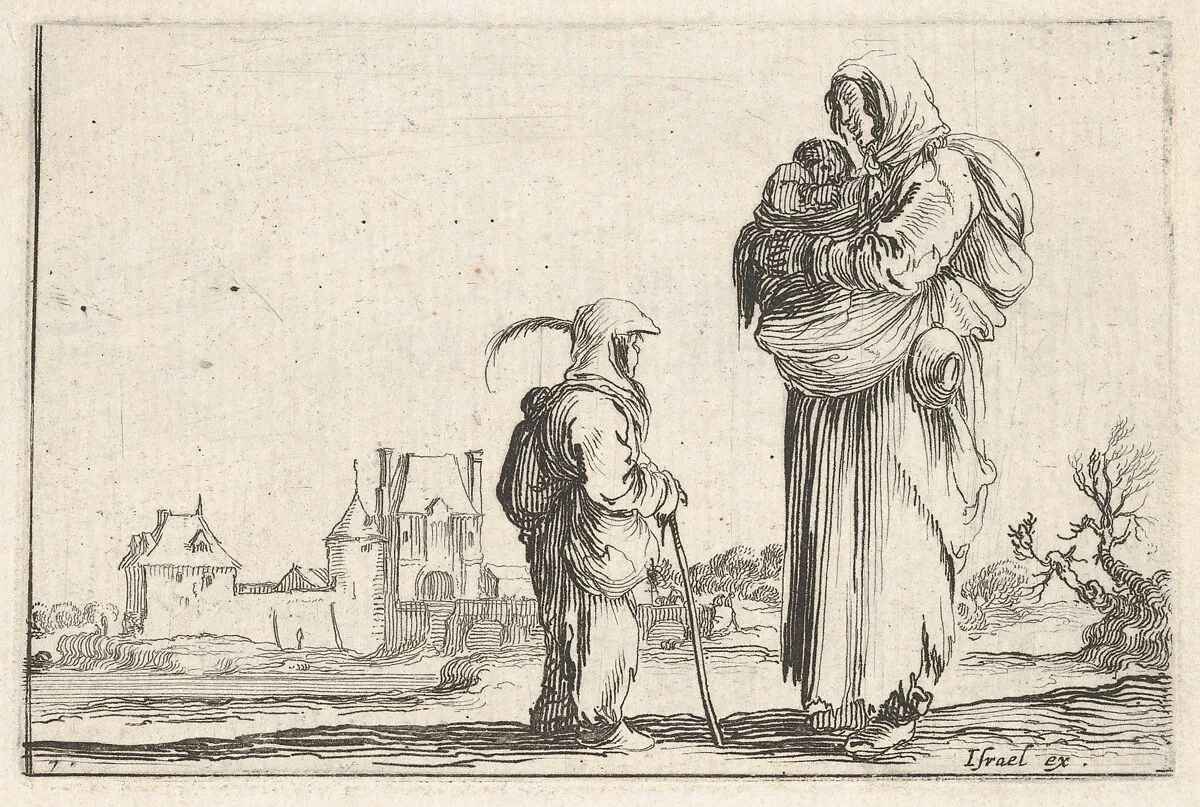 Plate 7: a peasant woman carrying a child to right, speaking to another child standing facing right in center, a castle to left in the background, from 'Caprice faict par de la Bella' — Stefano della Bella|Israël Henriet
