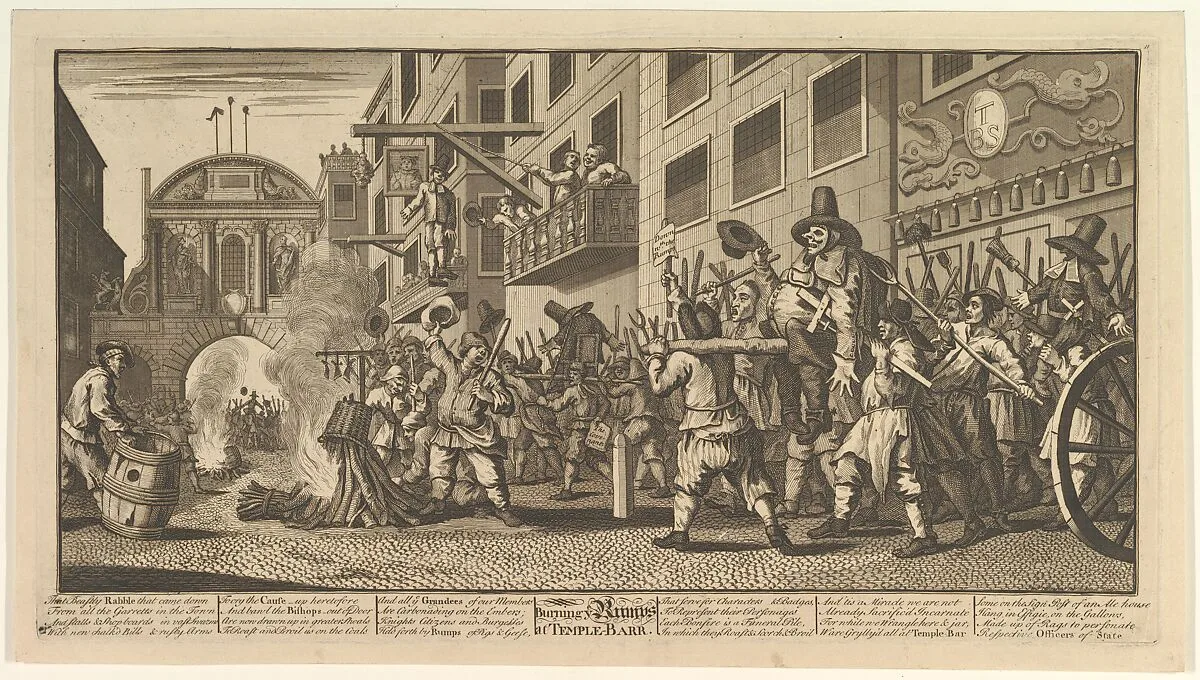 Burning the Rumps at Temple Bar (Twelve Large Illustrations for Samuel Butler's Hudibras, Plate 11) — William Hogarth|Samuel Butler