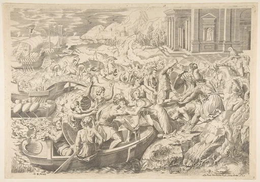 The Abduction of Helen; battle scene on shore with two men pulling Helen into a boat at center