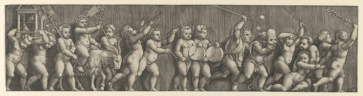 A frieze arrangement with a putto weating a laurel crown riding a goat at left and many infants playing musical instruments in front — Master of the Die|Raphael (Raffaello Sanzio or Santi)