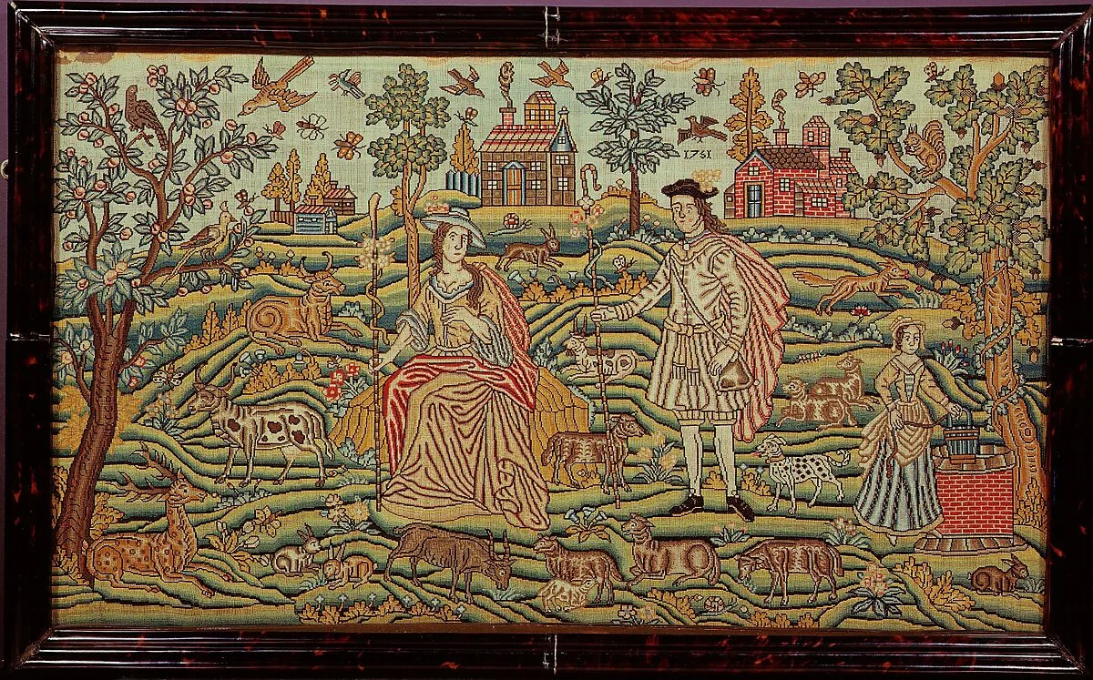 Embroidered picture with pastoral scene — Unknown