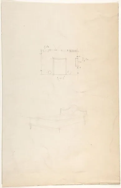 Floorplan of a Bedroom and Sketch of a Bed with "Louis" Headboard — André Arbus