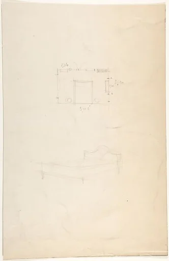 Floorplan of a Bedroom and Sketch of a Bed with "Louis" Headboard
