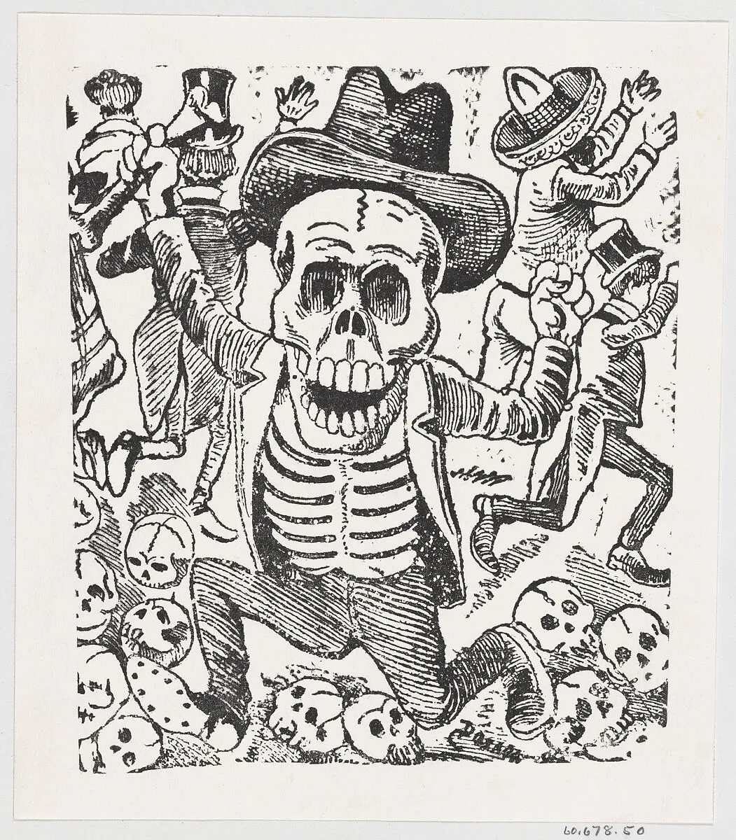 A skeleton holding a bone and leaping over a pile of skulls while people flee, from a broadside entitled 'Las bravisimas calaveras Guatemaltecas' — José Guadalupe Posada|José Sanchez