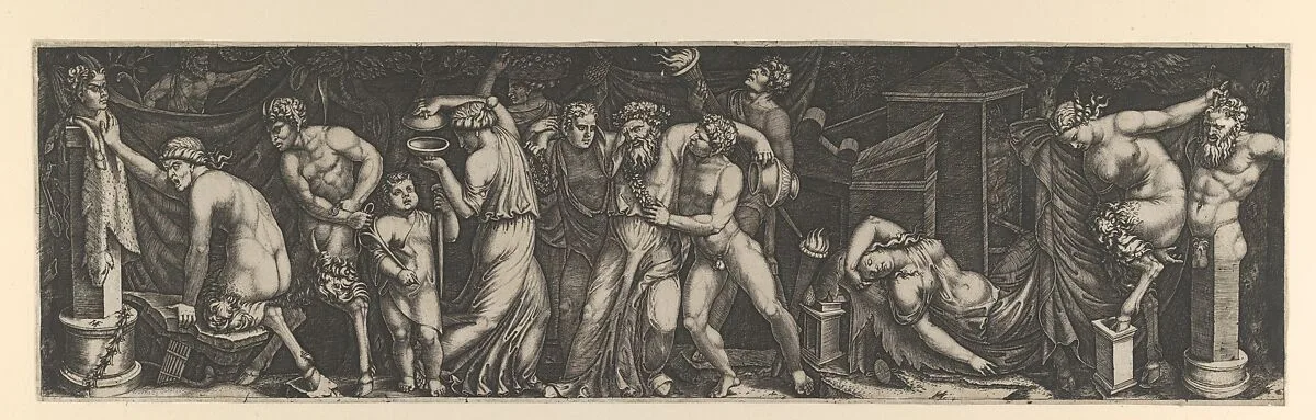 A Bacchanal, Silenus supported by two bacchants in the centre, at right a female satyr reclining on a bed and another pulling the horns on a statue of Priapus, various other figures fill the composition — Marcantonio Raimondi