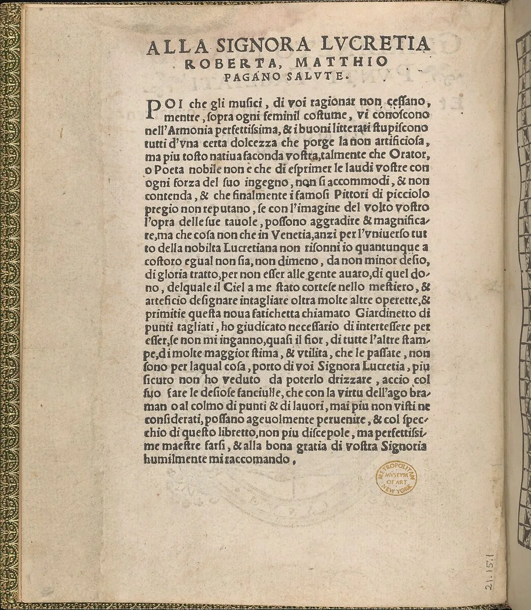 Giardineto novo di punti tagliati et gropposi per exercitio & ornamento delle donne (Venice 1554), title page (verso) — Lloyd, Wallis & Lloyd|Matteo Pagano