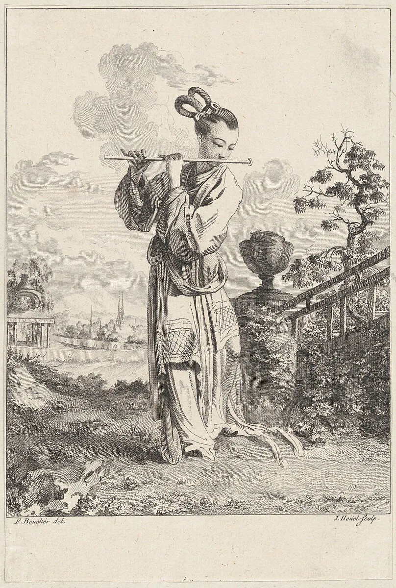 Chinoiserie with a woman playing a flute, from Suite de Figures Chinoises. . .Tiré du Cabinet de Mr. d'Azaincourt (Series of Chinoiserie Figures. . .From the Chambers of Mr. d'Azaincourt) — Gilles Demarteau|Jean Pierre Louis Laurent Hoüel|François Boucher