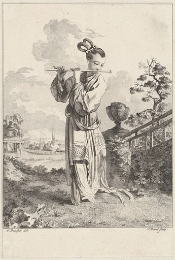 Chinoiserie with a woman playing a flute, from Suite de Figures Chinoises. . .Tiré du Cabinet de Mr. d'Azaincourt (Series of Chinoiserie Figures. . .From the Chambers of Mr. d'Azaincourt)