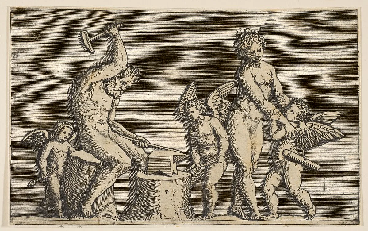 Vulcan seated hammering on an anvil flanked by Venus and three cupids — Marco Dente