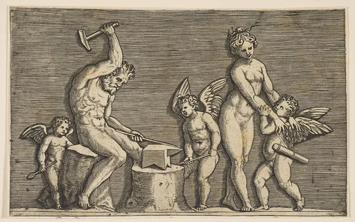 Vulcan seated hammering on an anvil flanked by Venus and three cupids