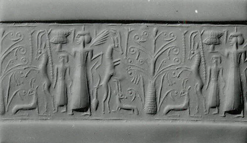 Cylinder seal and modern impression: mistress of animals flanked by rampant horned animals — Unknown