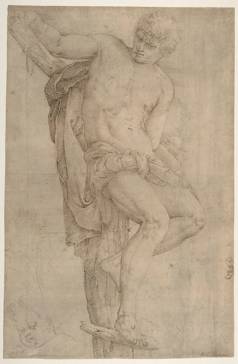 The Unrepentant Thief on the Cross, Study of a Child's Head at Lower Left, and of an Ear at Lower Right Border — Battista Franco