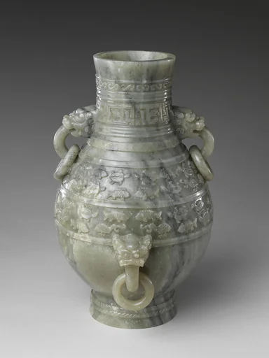 清乾隆　玉雕仿青銅魚鳧壺|Archaic-style vase with fish and birds